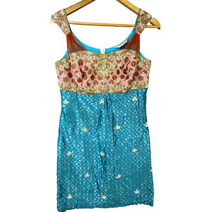 Sentiments Dress Womens Small Blue Gold Embroidered Beaded Dopamine Maximalist